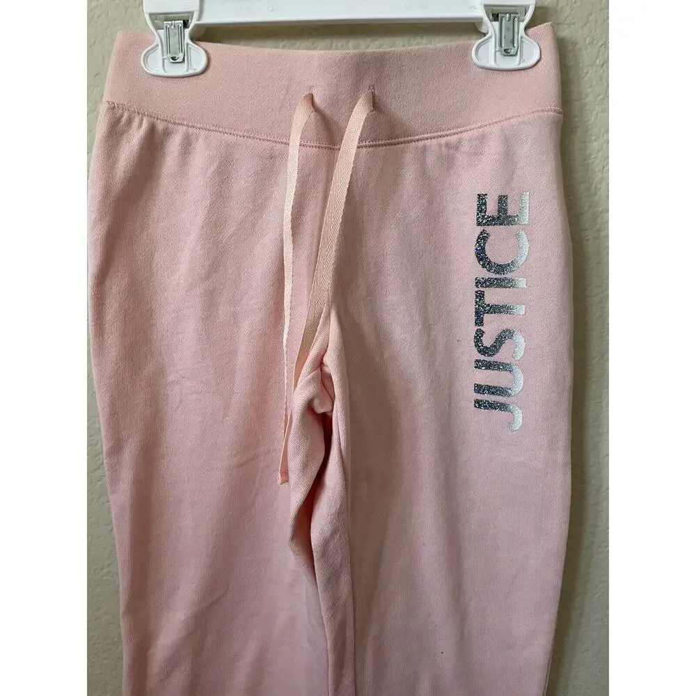 Justice Pink Silver Ombré Sparkle Logo Mid Rise Full Length Joggers Pants Size 8